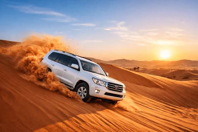 White 4x4 Land Cruiser dune bashing in red dunes during Regular Desert Safari Dubai at sunset