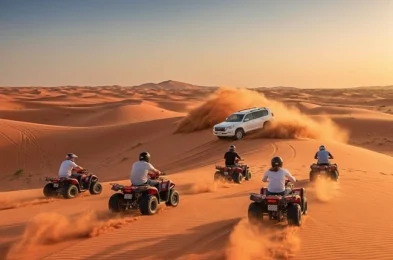 Evening Desert Safari Dubai with quad bike ride and Land Cruiser dune bashing in Lahbab red dunes