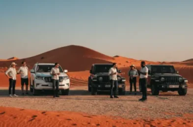 Self Drive Desert Safari Dubai meeting point with guests arriving in 4x4 vehicles